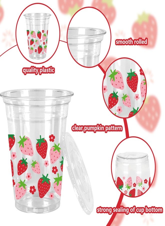 JarThenaAMCS 50Pcs Strawberry Plastic Cups with Lids and Straws Pink Red Strawberry Flower Clear Plastic Cups 12oz Disposable Cups for Summer Spring Party Supplies - Image 3